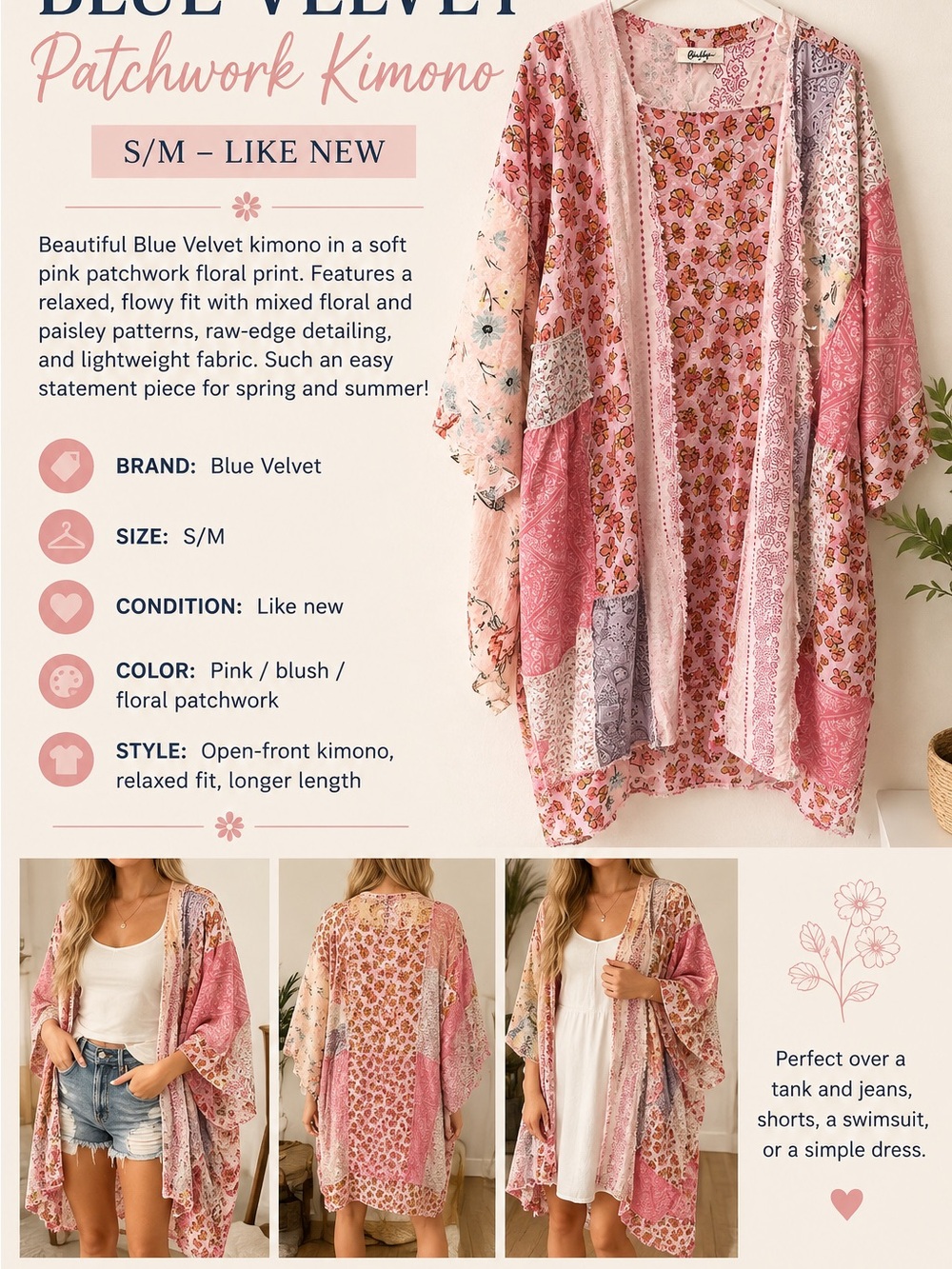 Blue Velvet Pink Floral Patchwork Kimono